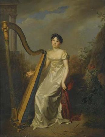 Firmin Massot Portrait of a lady, wearing a white dress and seated beside a harp a landscape beyond